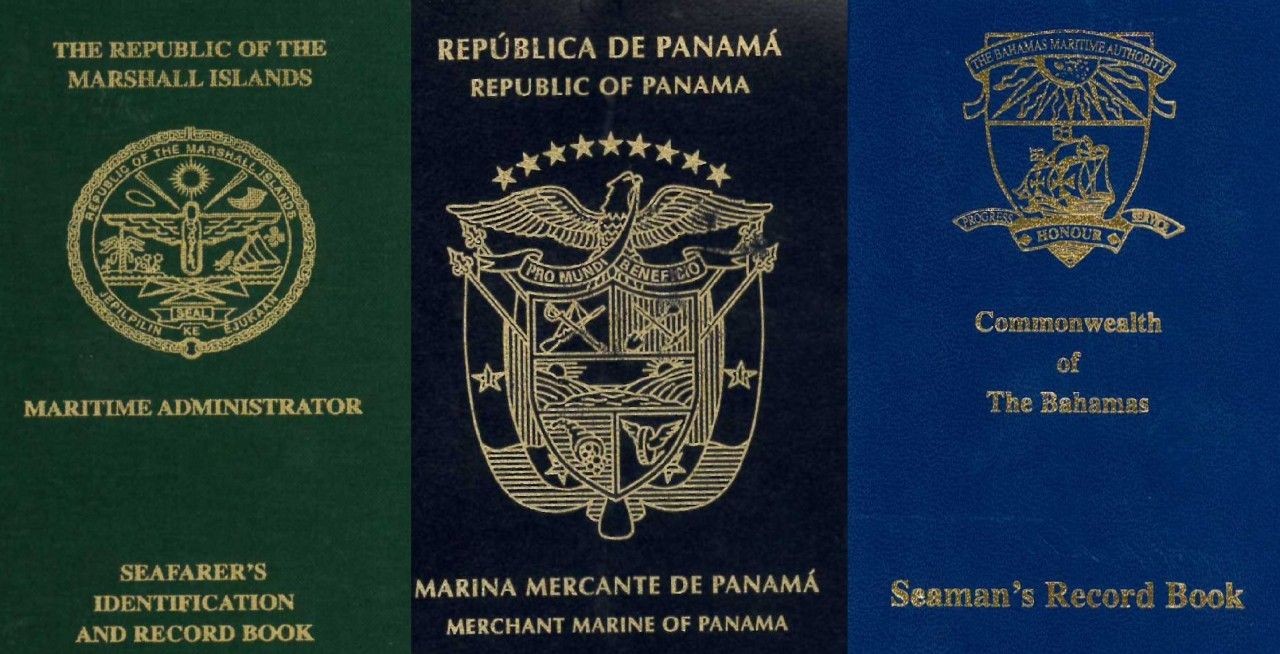 Three maritime documents from the Marshall Islands, Panama, and the Bahamas in different colors.